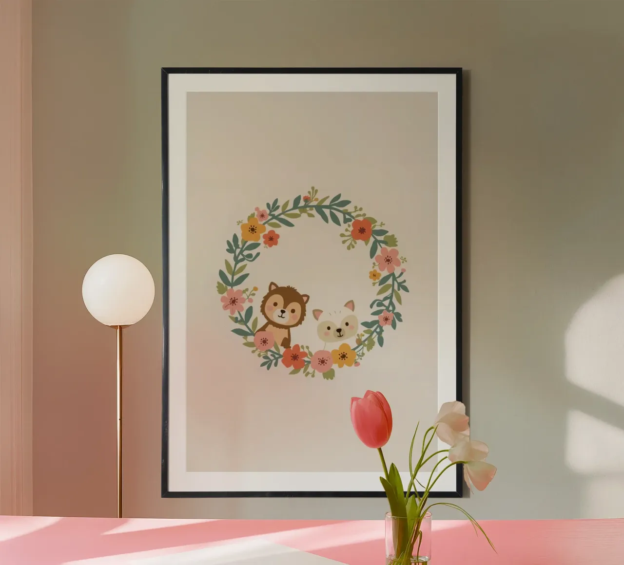 Orsetto e volpe in una ghirlanda floreale poster da DesignDoodle