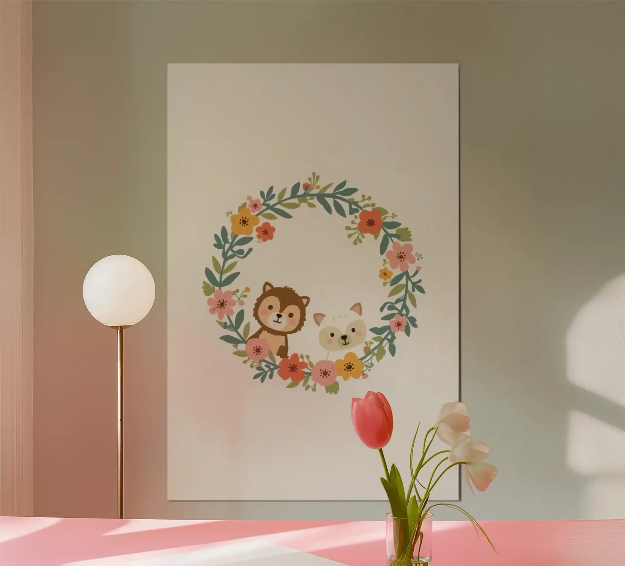 Orsetto e volpe in una ghirlanda floreale poster da DesignDoodle