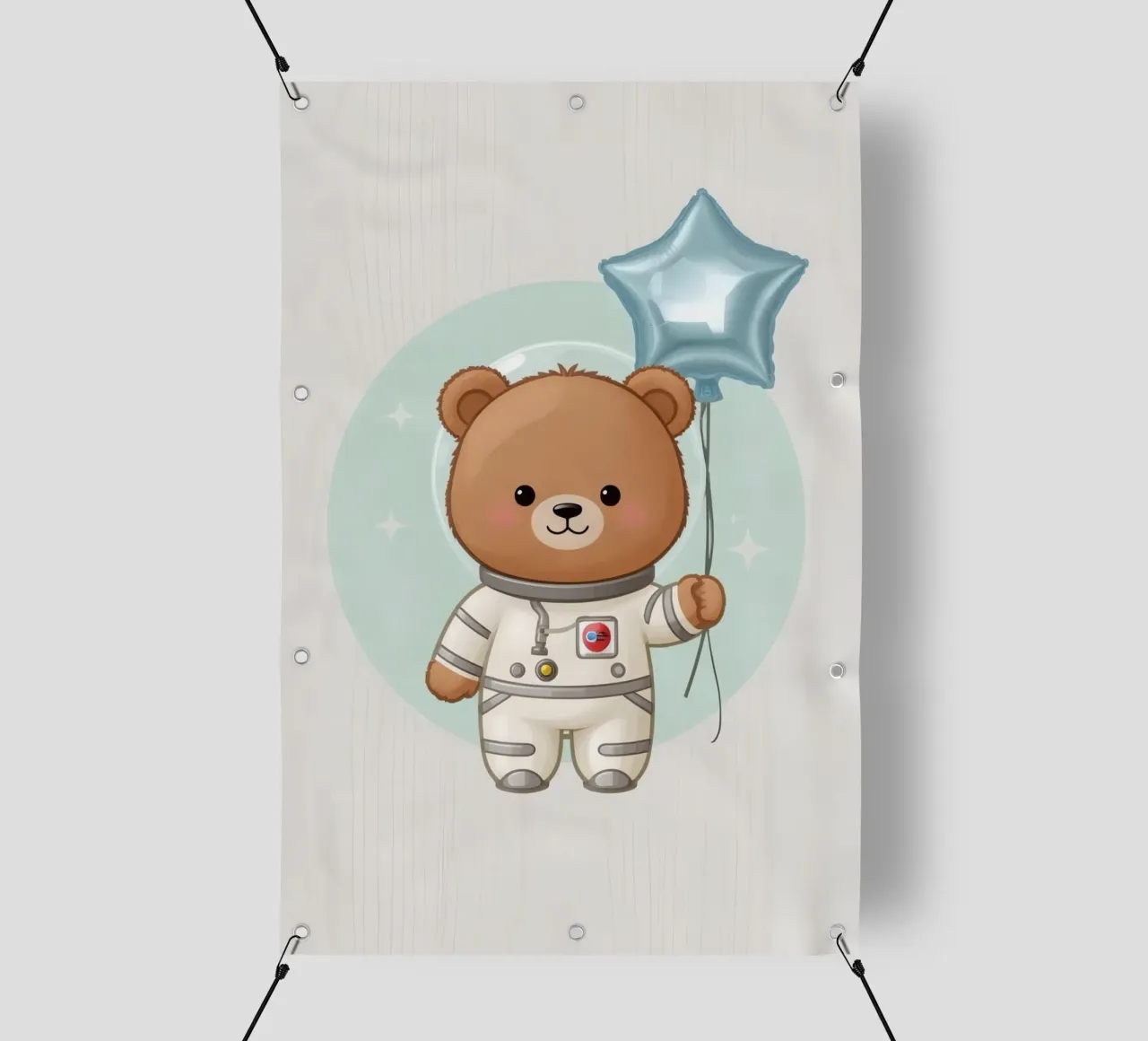 Orso astronauta dei cartoni animati con in mano un palloncino a forma di stella telo in pvc da DesignDoodle