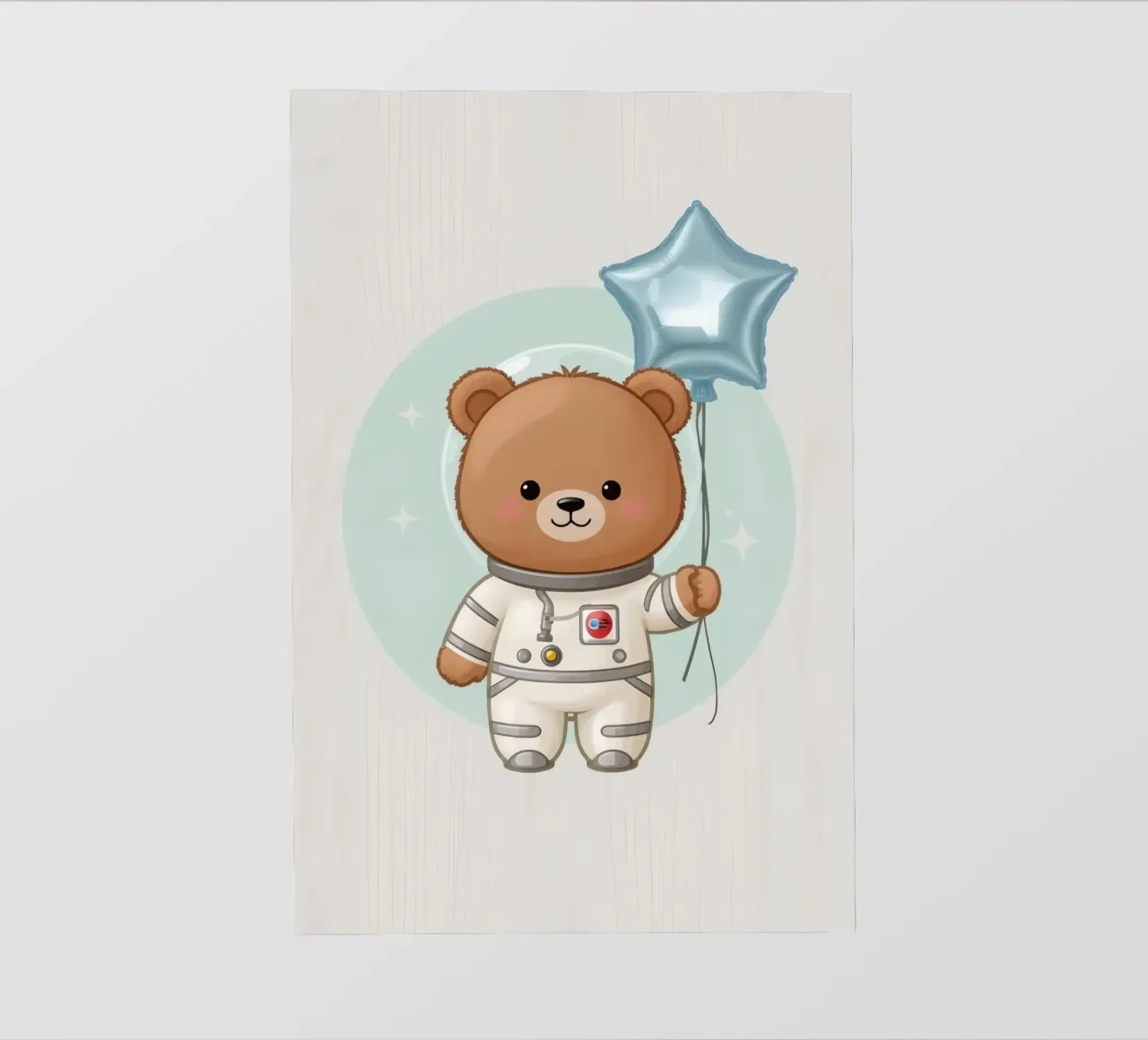 Orso astronauta dei cartoni animati con in mano un palloncino a forma di stella telo in pvc da DesignDoodle