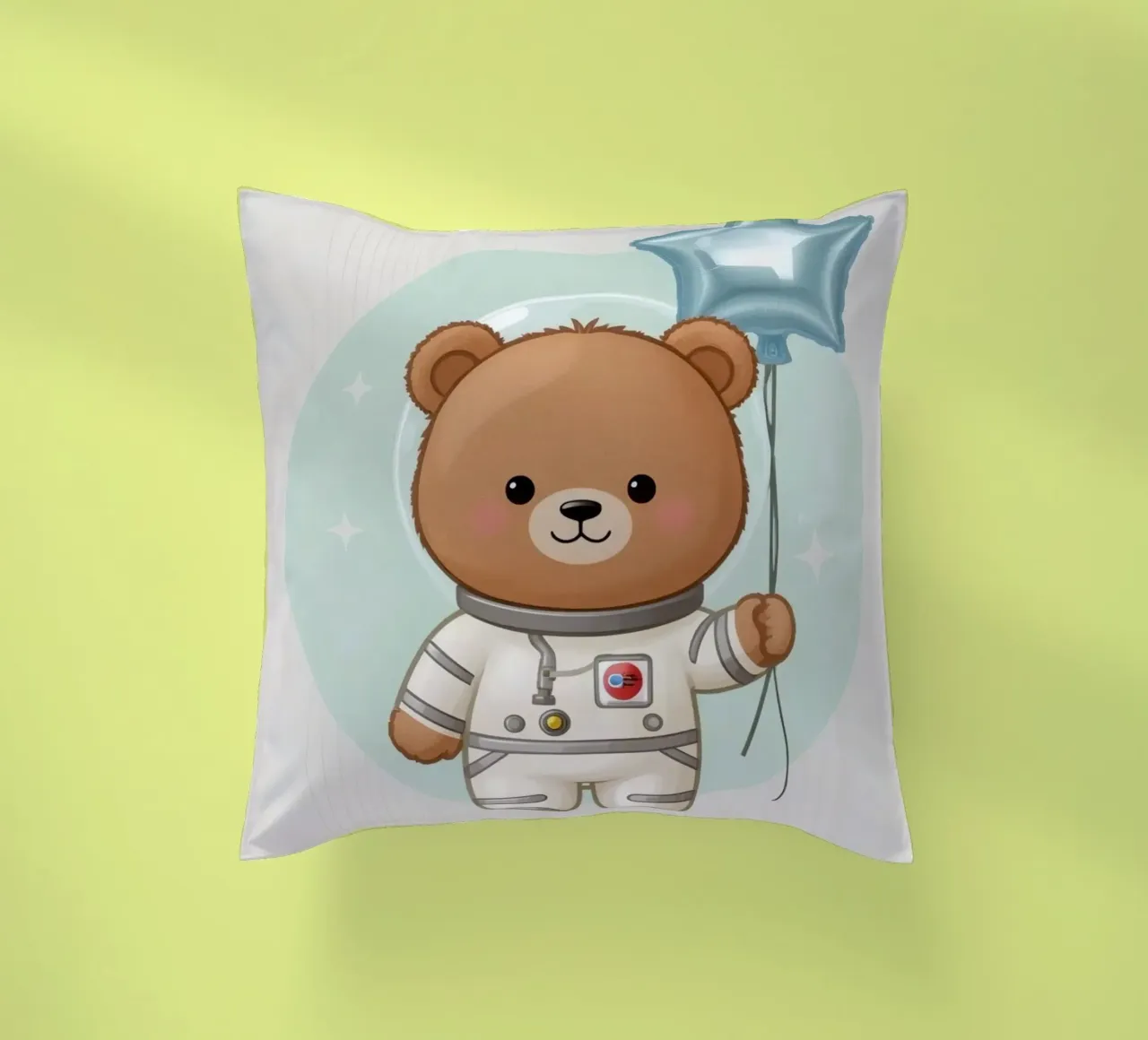 Orso astronauta dei cartoni animati con in mano un palloncino a forma di stella cuscino da DesignDoodle