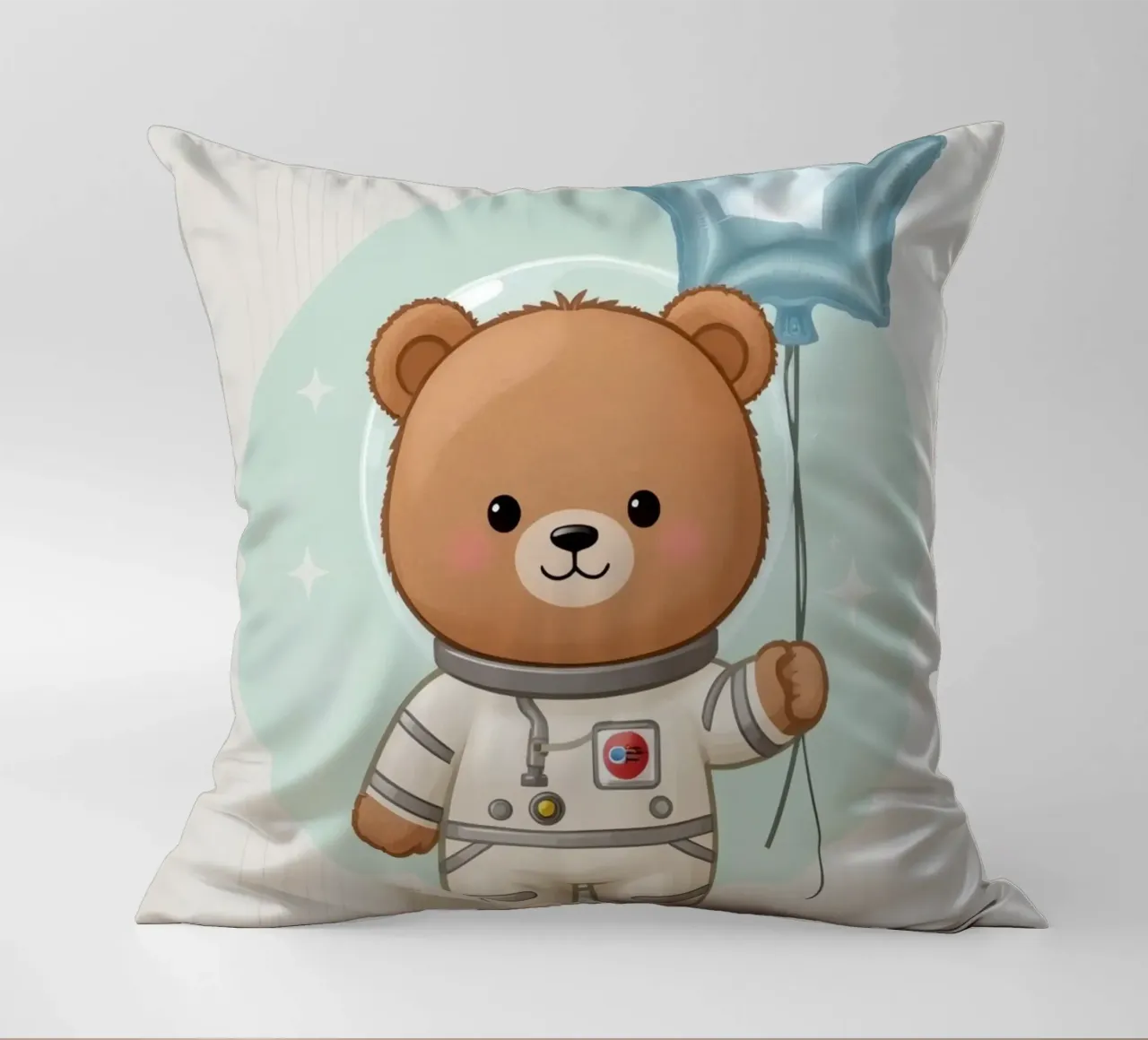 Orso astronauta dei cartoni animati con in mano un palloncino a forma di stella cuscino da DesignDoodle