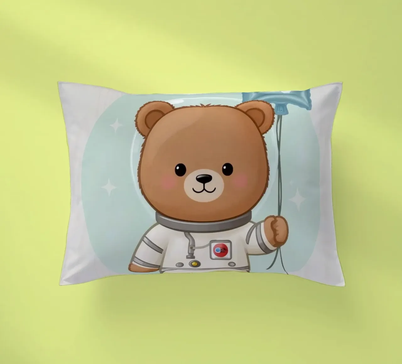 Orso astronauta dei cartoni animati con in mano un palloncino a forma di stella cuscino da DesignDoodle
