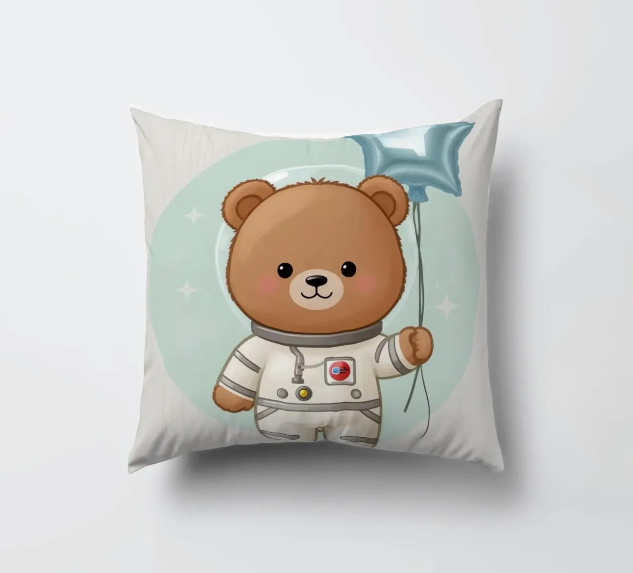 Orso astronauta dei cartoni animati con in mano un palloncino a forma di stella cuscino da DesignDoodle