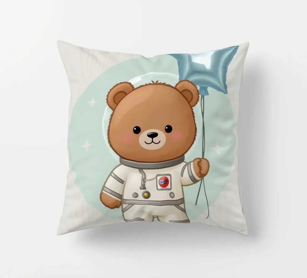 Orso astronauta dei cartoni animati con in mano un palloncino a forma di stella cuscino da DesignDoodle