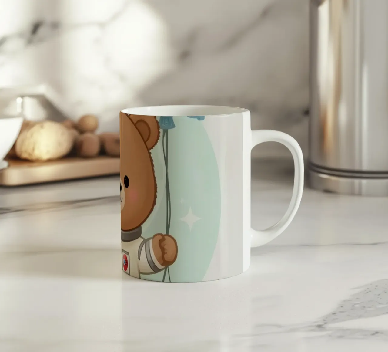 Orso astronauta dei cartoni animati con in mano un palloncino a forma di stella tazza in ceramica da DesignDoodle