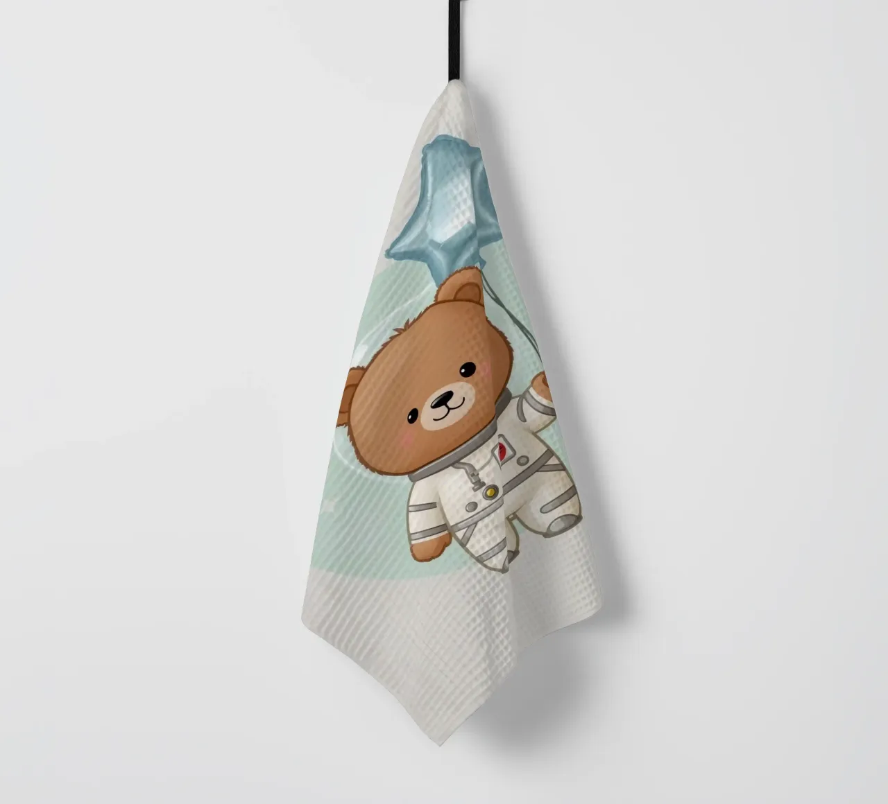 Orso astronauta dei cartoni animati con in mano un palloncino a forma di stella canovaccio da cucina da DesignDoodle