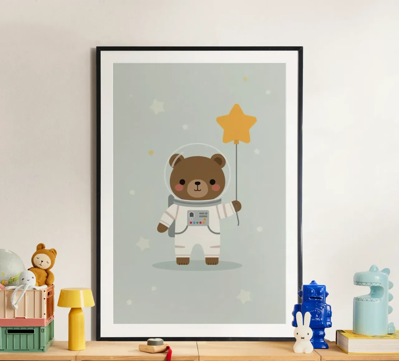 Carino l'orso astronauta dei cartoni animati con palloncino a stella poster da DesignDoodle