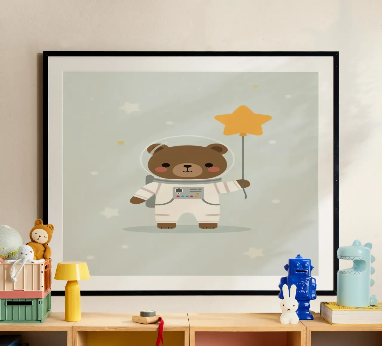 Carino l'orso astronauta dei cartoni animati con palloncino a stella poster da DesignDoodle