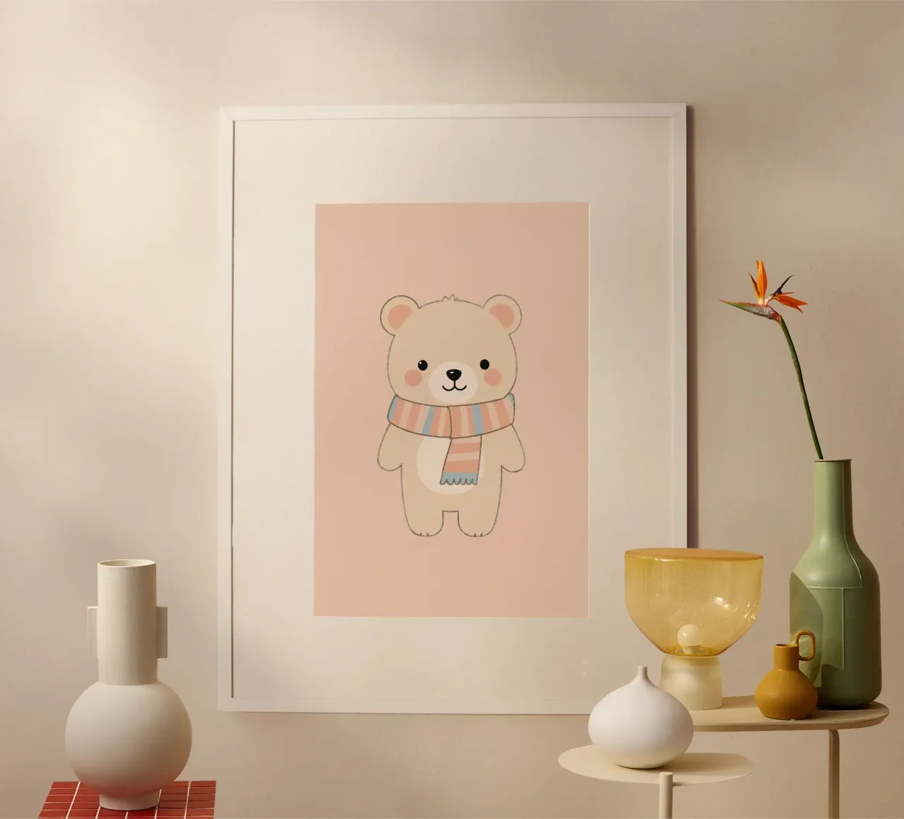 Orsetto carino con sciarpa poster con telaio in alluminio da DesignDoodle