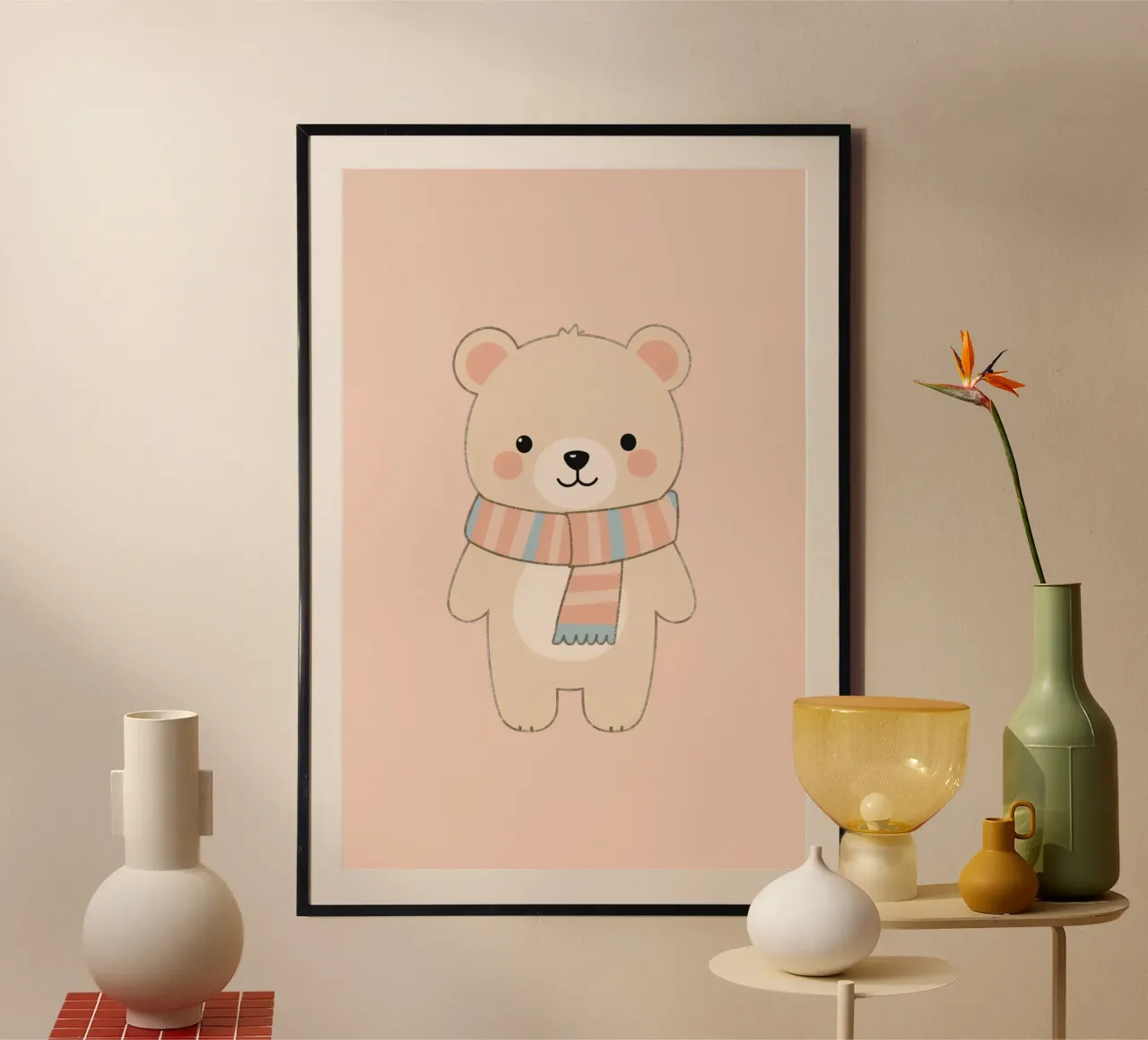 Orsetto carino con sciarpa poster con telaio in alluminio da DesignDoodle