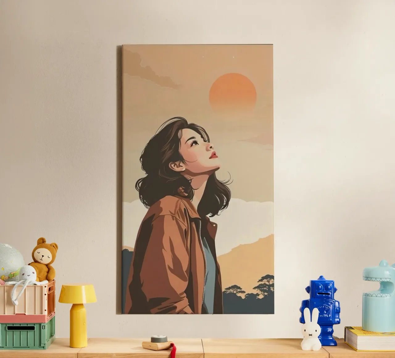 girl viewing the sunset canvas met Baklijst van hamily
