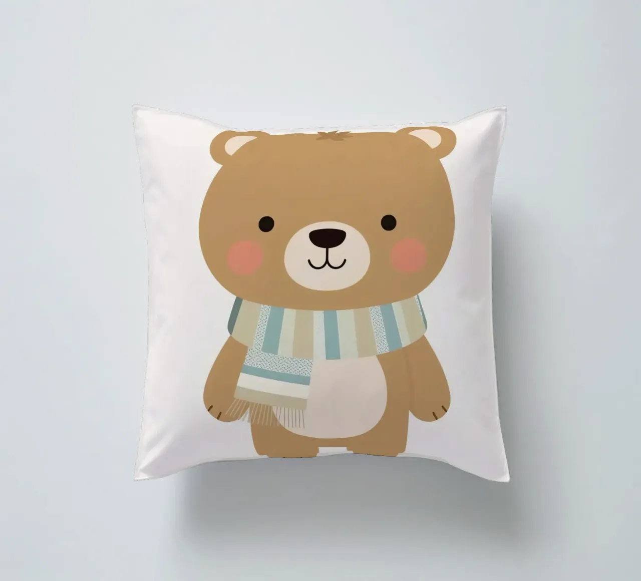 Simpatico orso marrone dei cartoni animati con sciarpa a righe cuscino da DesignDoodle
