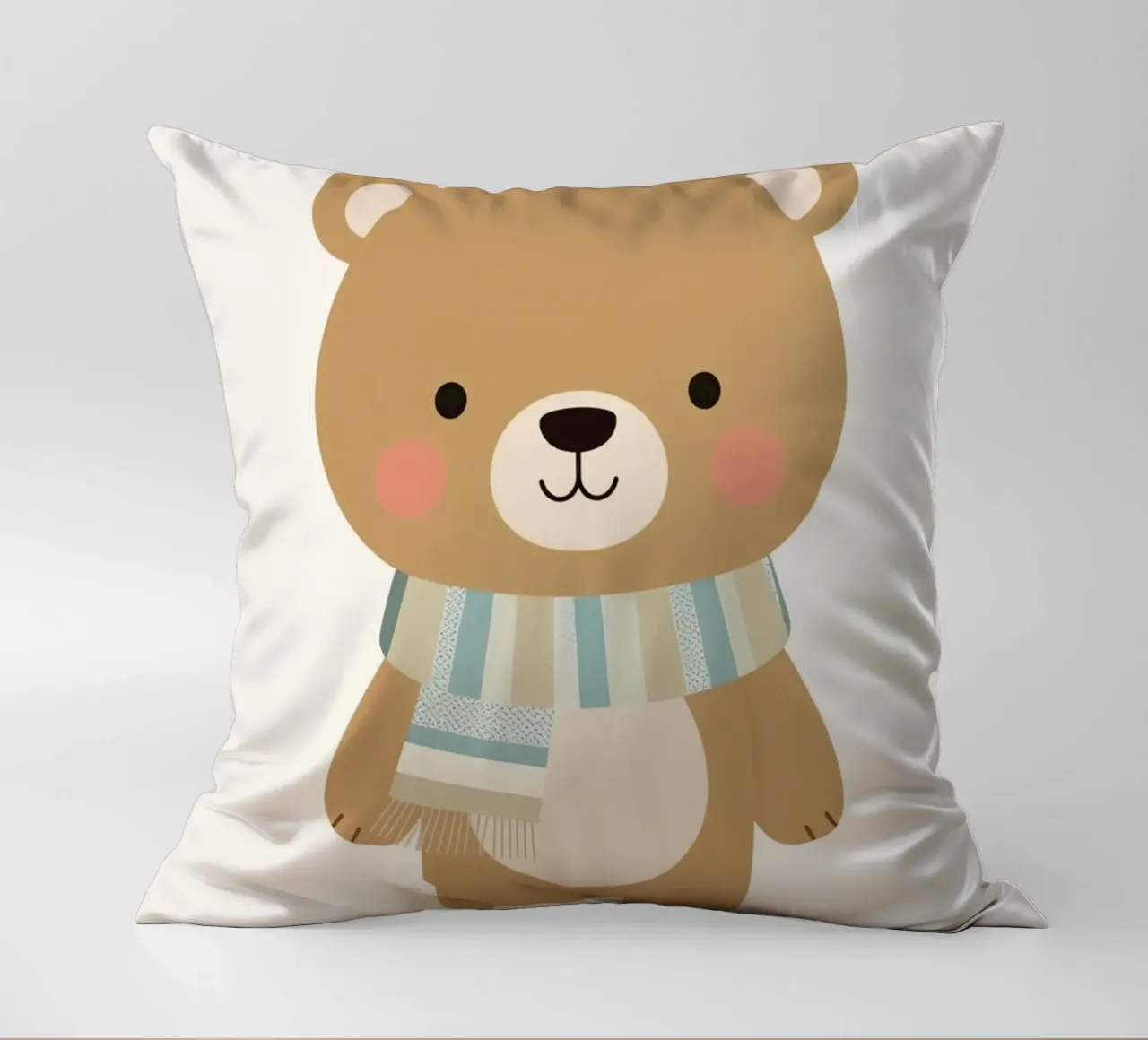 Simpatico orso marrone dei cartoni animati con sciarpa a righe cuscino da DesignDoodle