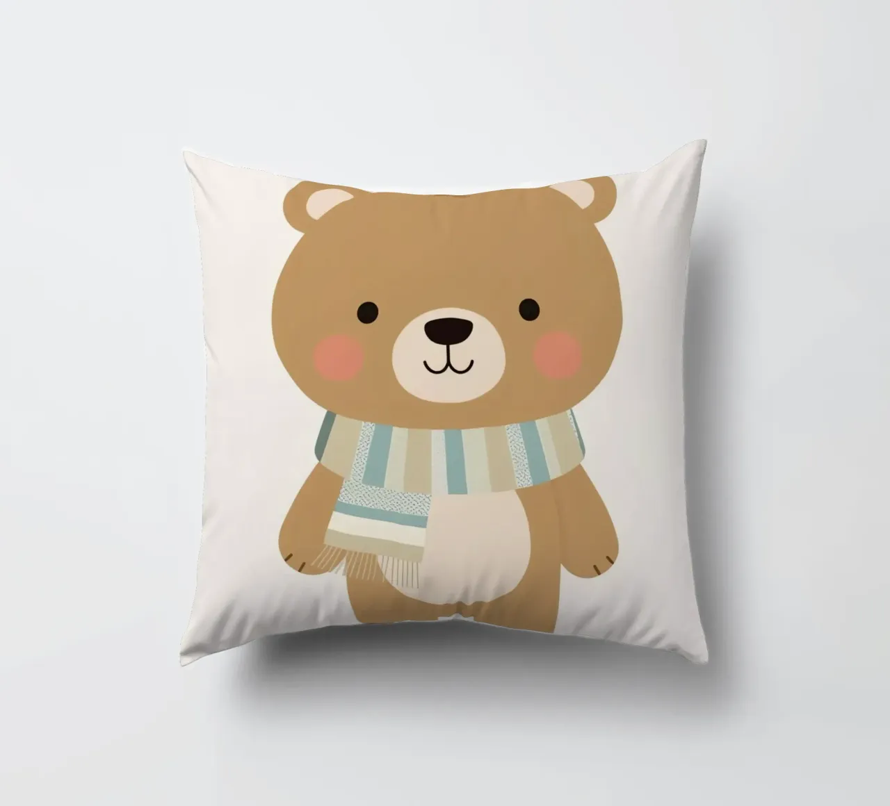 Simpatico orso marrone dei cartoni animati con sciarpa a righe cuscino da DesignDoodle