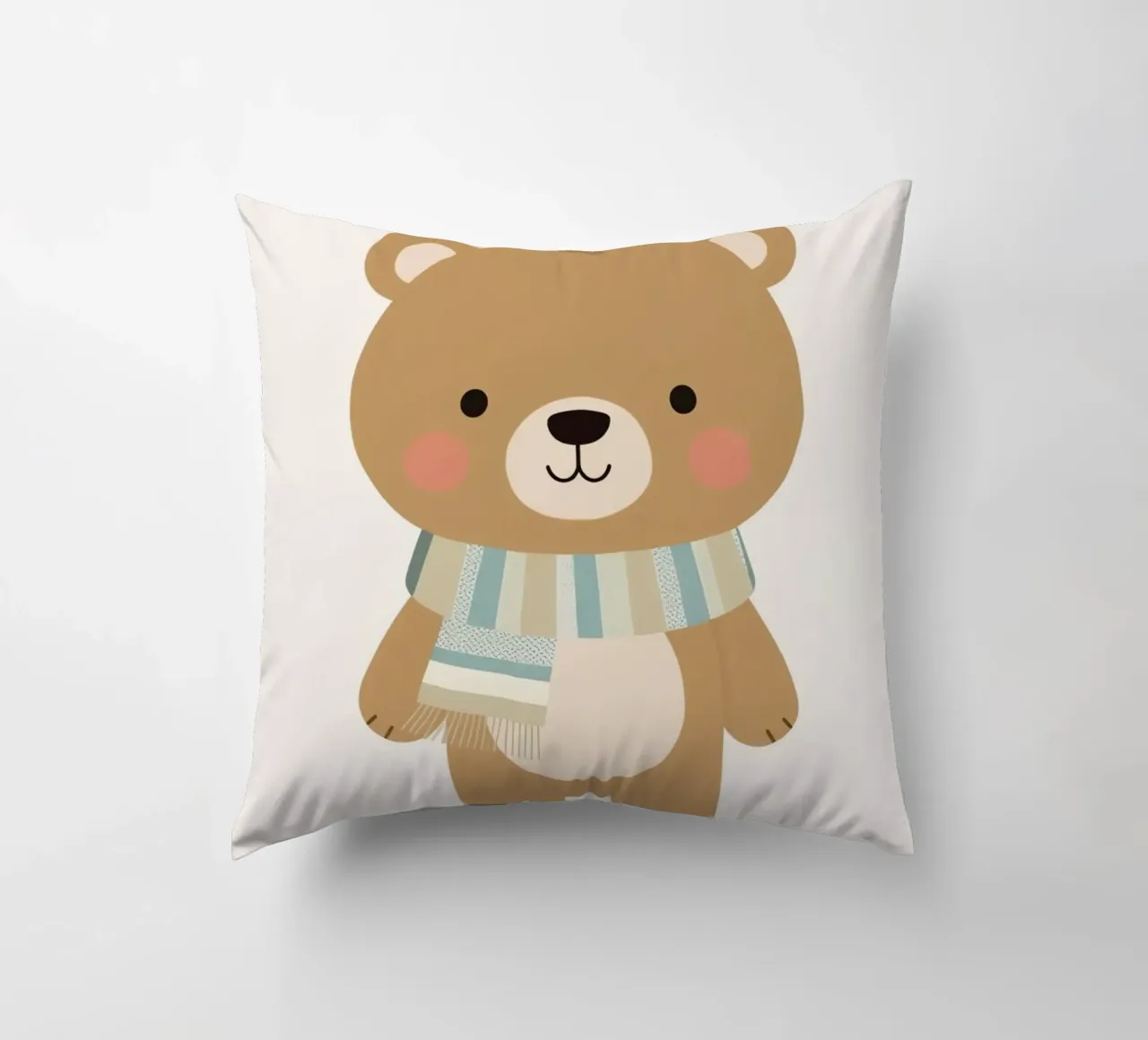 Simpatico orso marrone dei cartoni animati con sciarpa a righe cuscino da DesignDoodle