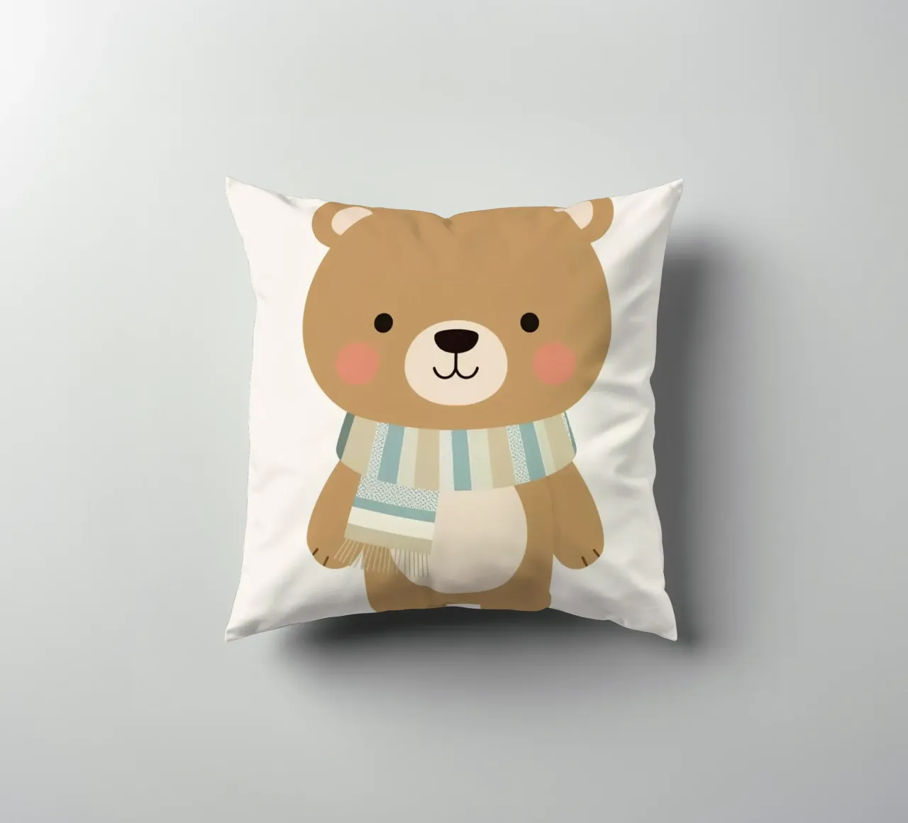 Simpatico orso marrone dei cartoni animati con sciarpa a righe cuscino da DesignDoodle