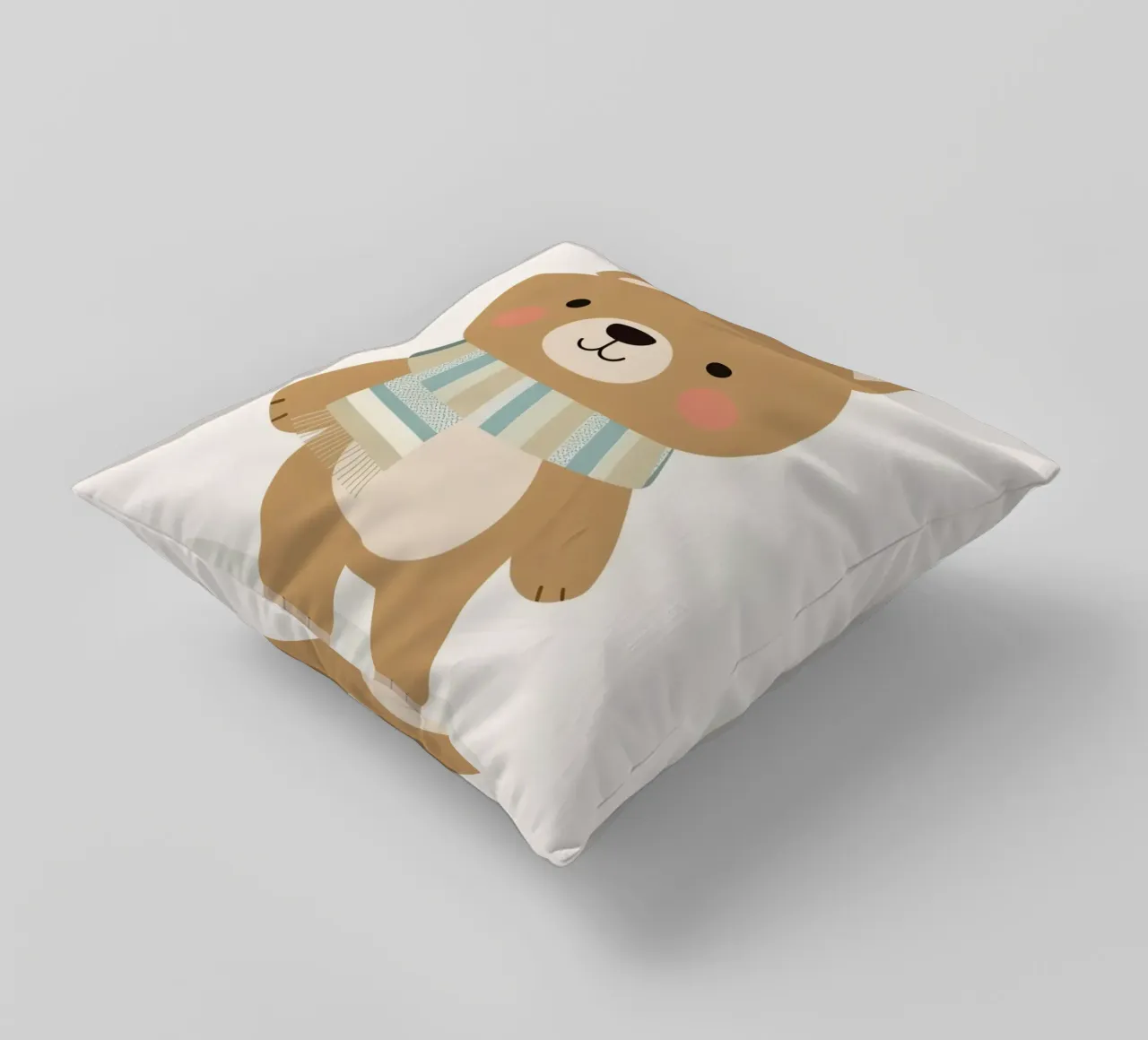 Simpatico orso marrone dei cartoni animati con sciarpa a righe cuscino da DesignDoodle