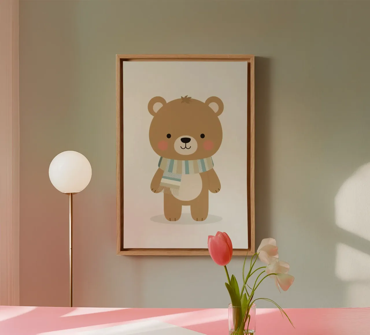 Simpatico orso marrone dei cartoni animati con sciarpa a righe tela con Cornice a cassetta da DesignDoodle