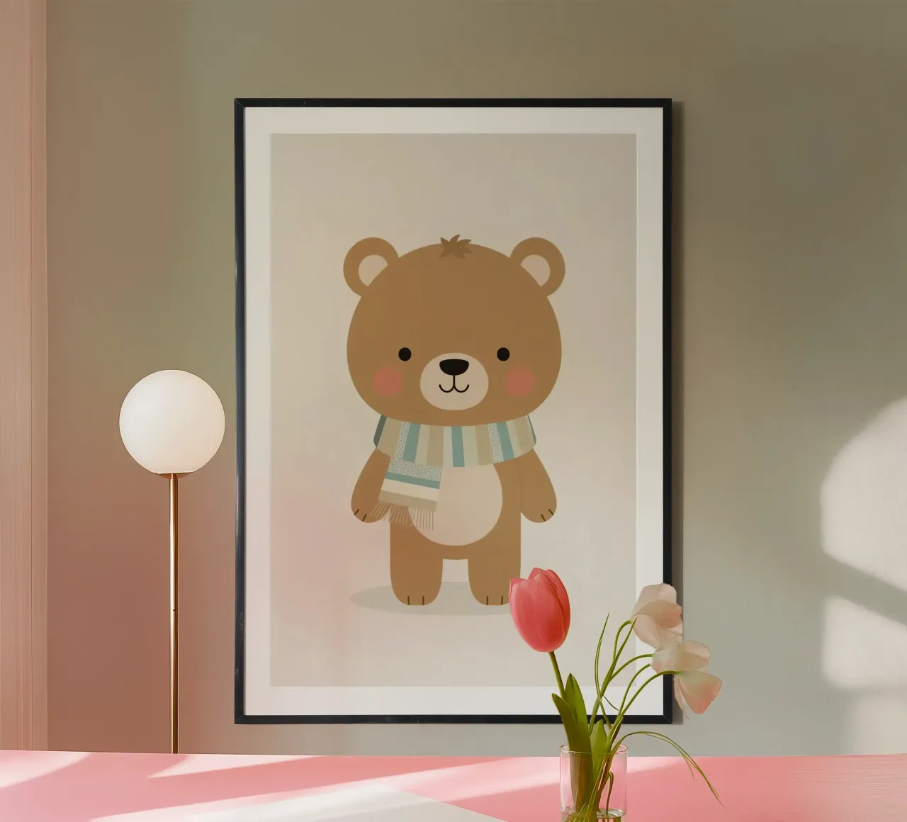 Simpatico orso marrone dei cartoni animati con sciarpa a righe poster con telaio in alluminio da DesignDoodle