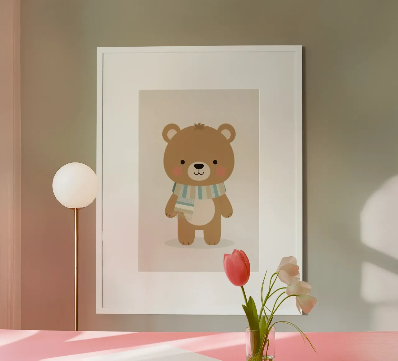 Simpatico orso marrone dei cartoni animati con sciarpa a righe poster con telaio in alluminio da DesignDoodle