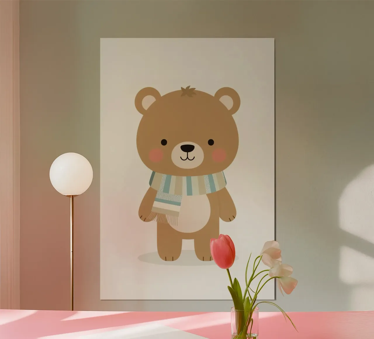 Simpatico orso marrone dei cartoni animati con sciarpa a righe poster con telaio in alluminio da DesignDoodle