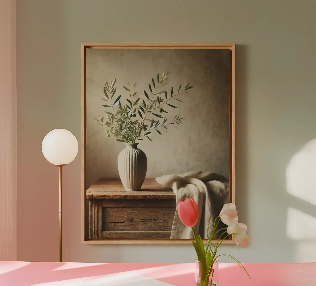 Branches d'olivier dans un vase toile avec Caisse américaine de VintageBotanics