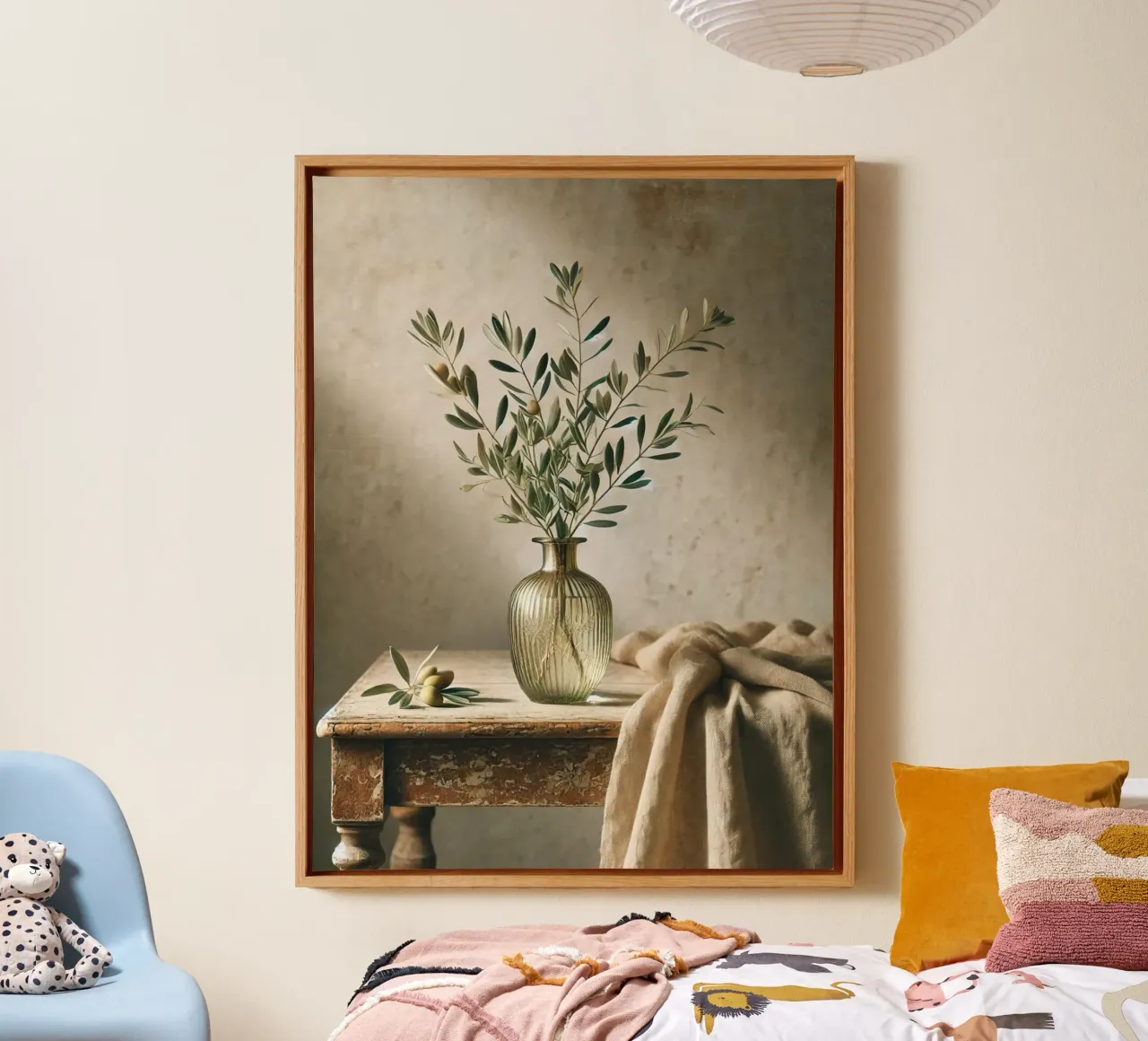 Olive branches in vase canvas with Floater frame by VintageBotanics