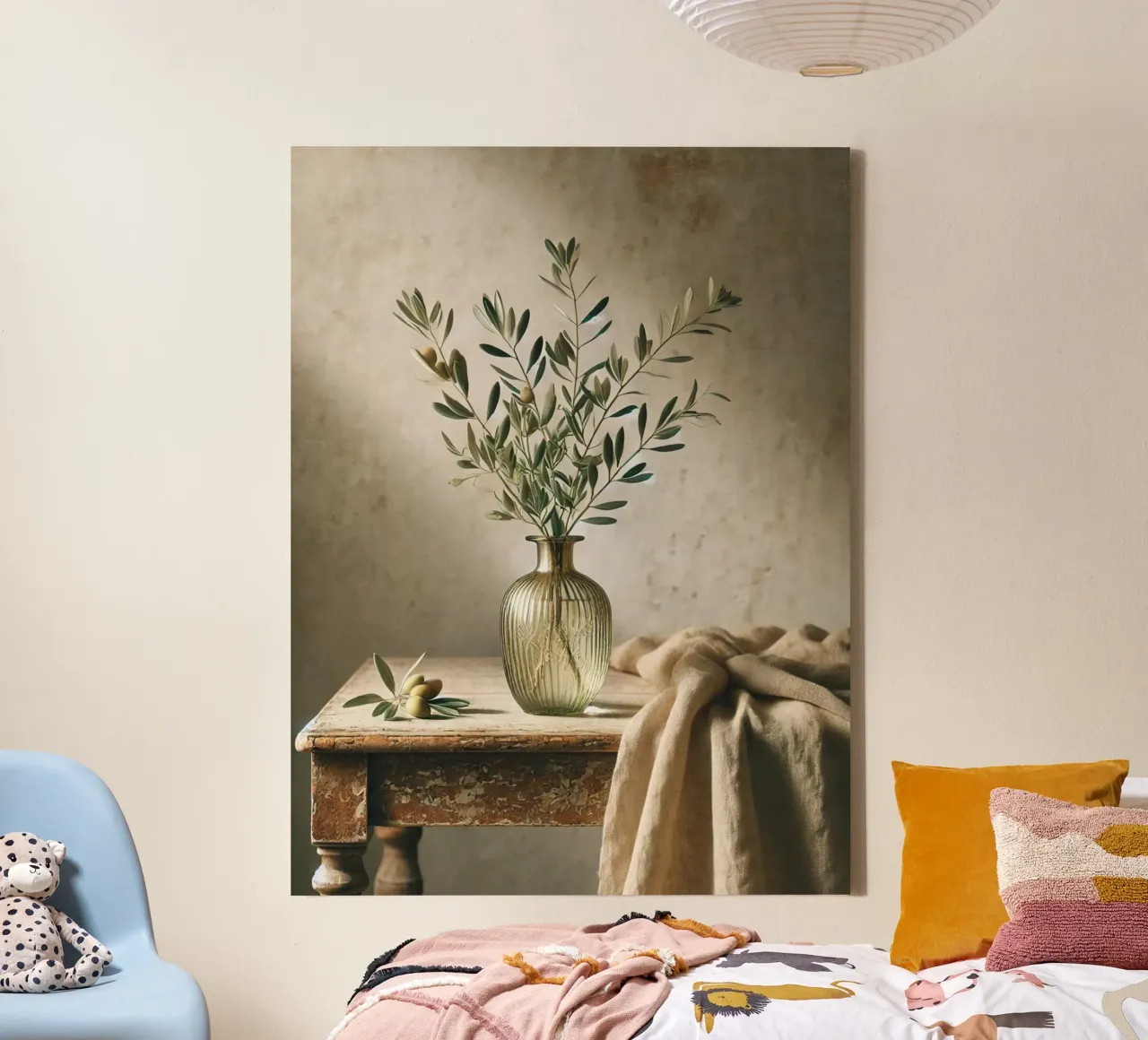 Olive branches in vase canvas with Floater frame by VintageBotanics