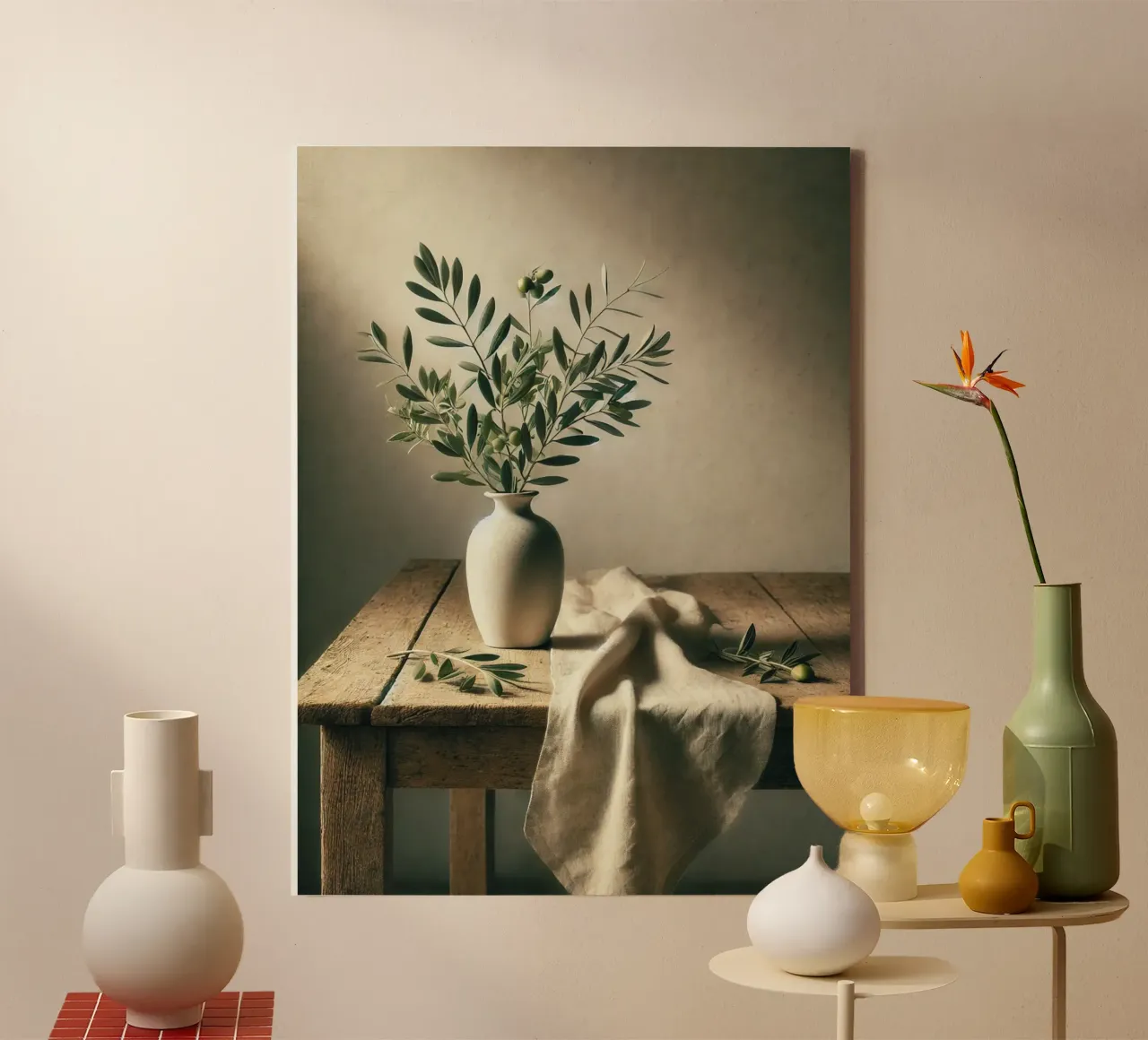 Branches d'olivier dans un vase toile avec Caisse américaine de VintageBotanics