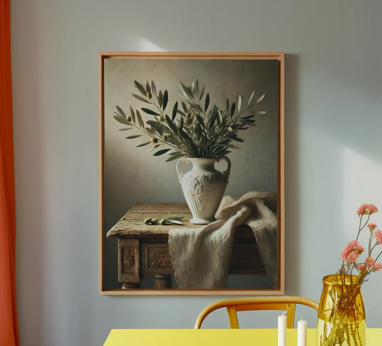 Olive branches in vase canvas with Floater frame by VintageBotanics