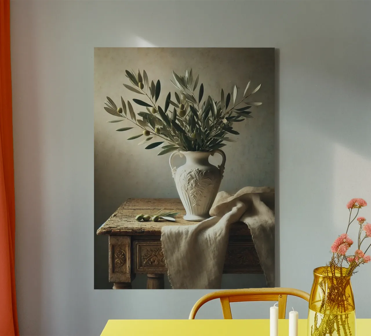 Olive branches in vase canvas with Floater frame by VintageBotanics