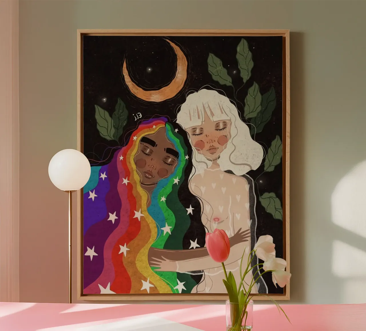 two girl in moonight leaf tela con Cornice a cassetta da panada