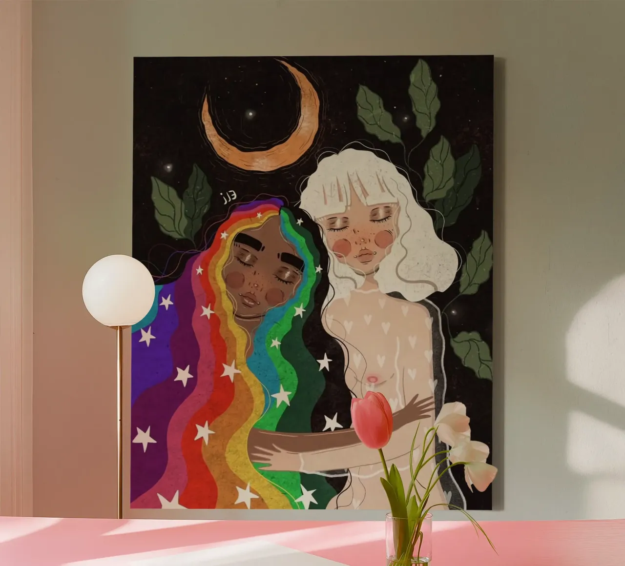 two girl in moonight leaf tela con Cornice a cassetta da panada