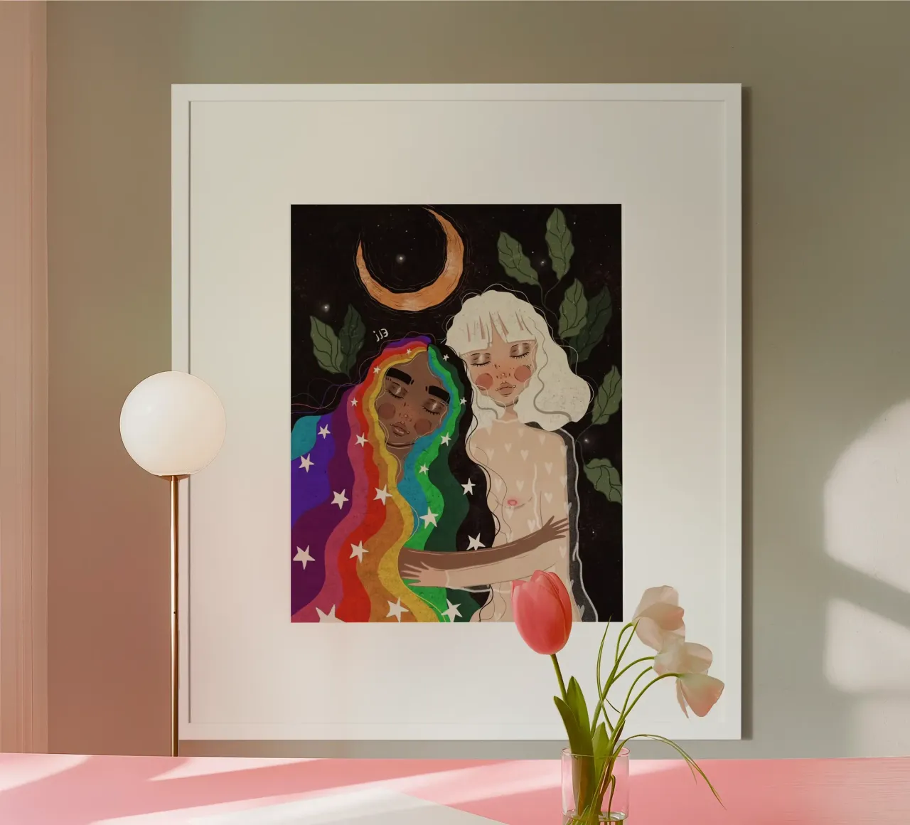 two girl in moonight leaf poster con telaio in legno da panada