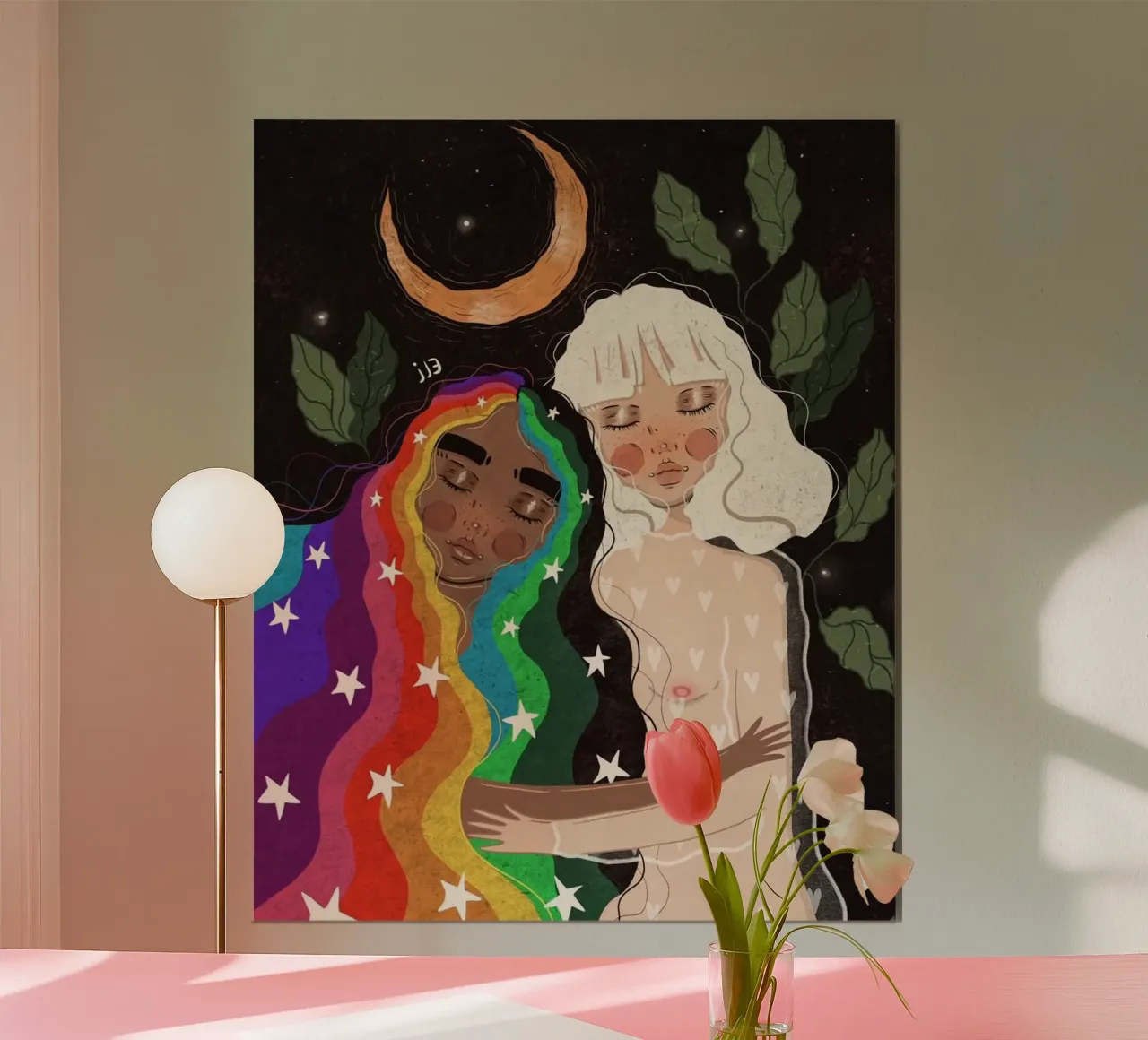 two girl in moonight leaf poster con telaio in legno da panada