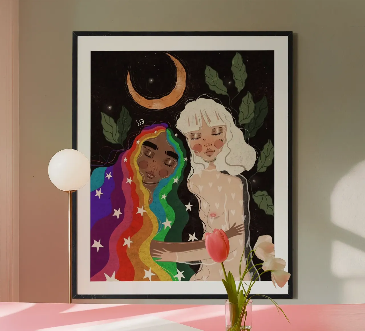 two girl in moonight leaf poster con telaio in legno da panada