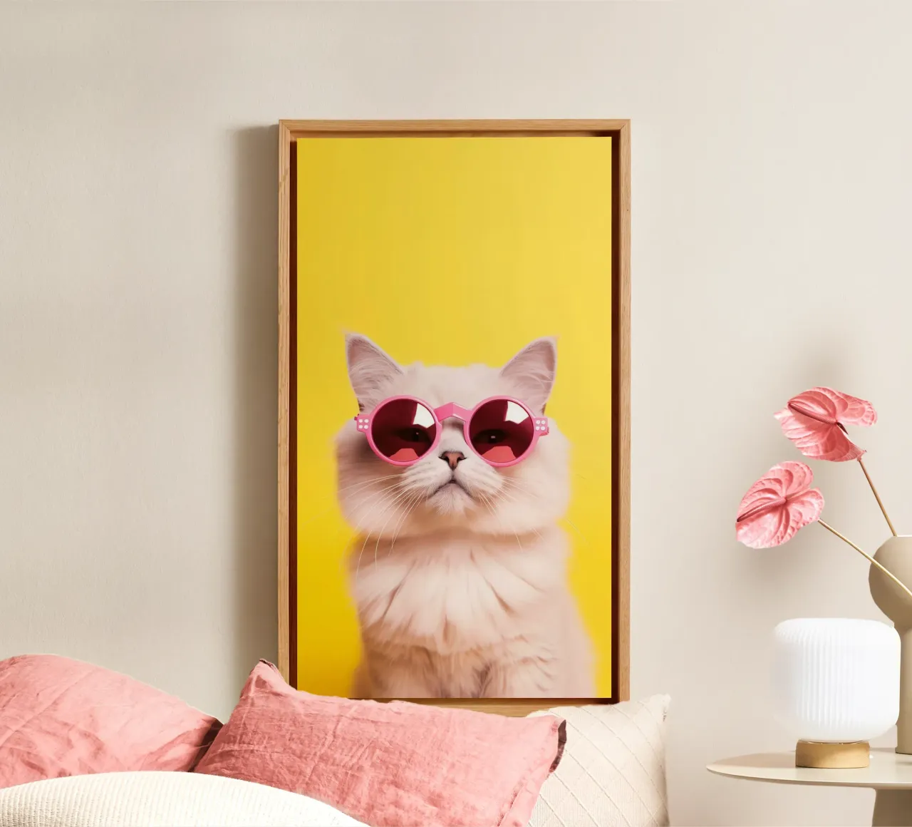 posture cat with glasses in yellow back lienzo con Marco flotante de panada