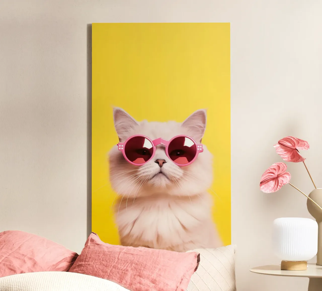posture cat with glasses in yellow back lienzo con Marco flotante de panada