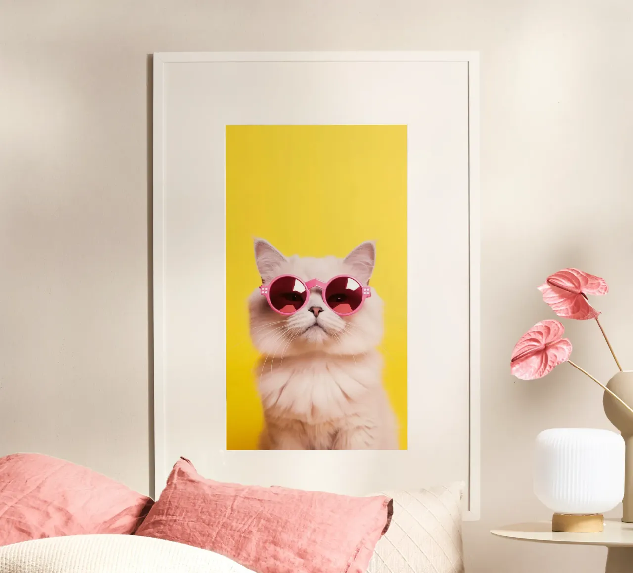 posture cat with glasses in yellow back Poster von panada