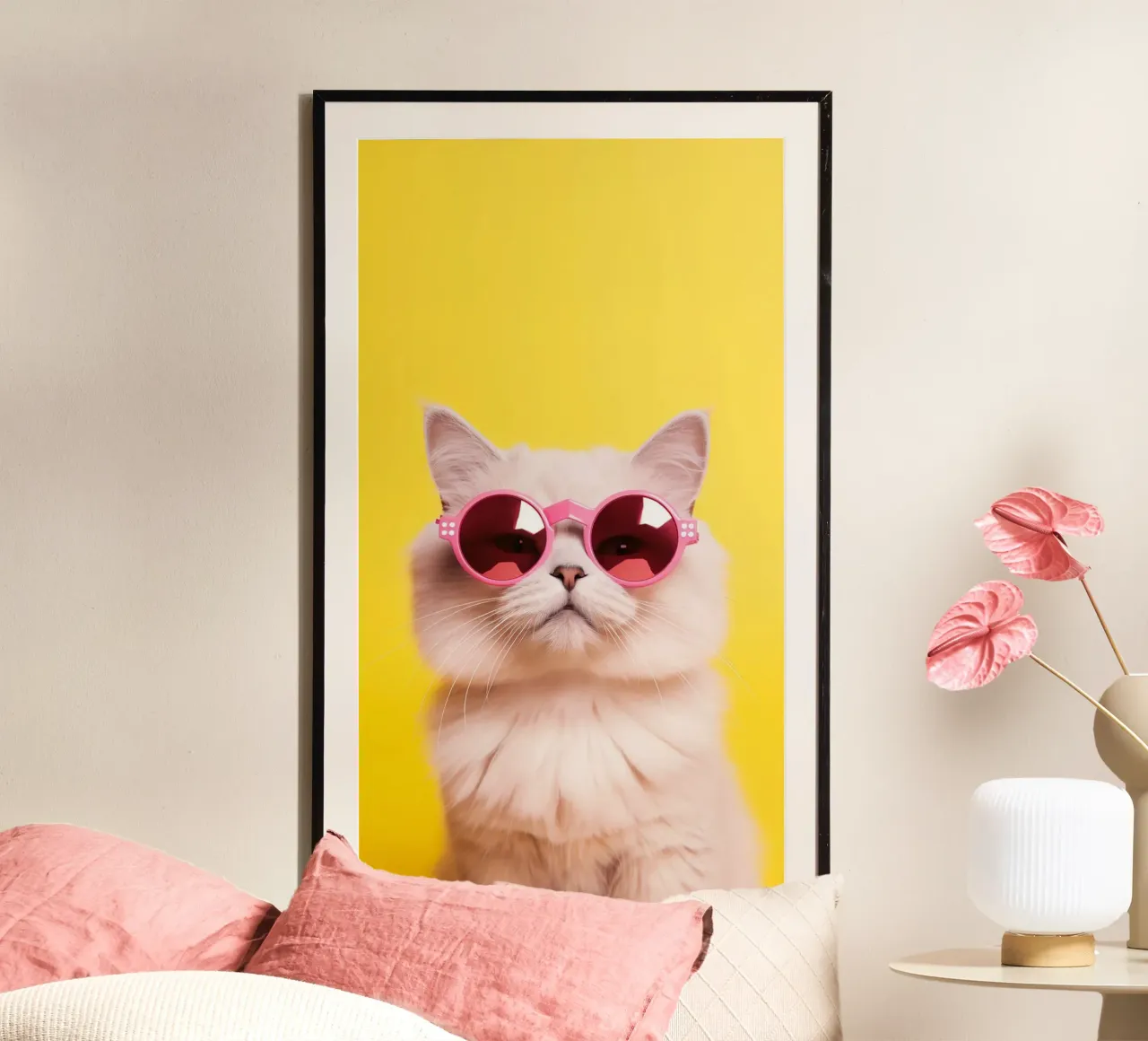 posture cat with glasses in yellow back Poster von panada