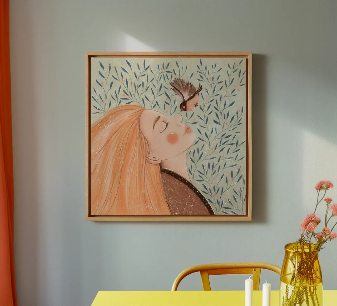 girl chill with bird tela con Cornice a cassetta da huminity