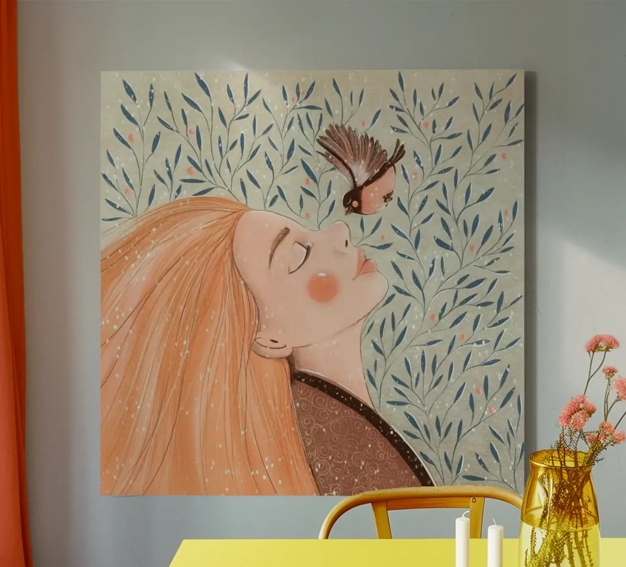 girl chill with bird tela con Cornice a cassetta da huminity