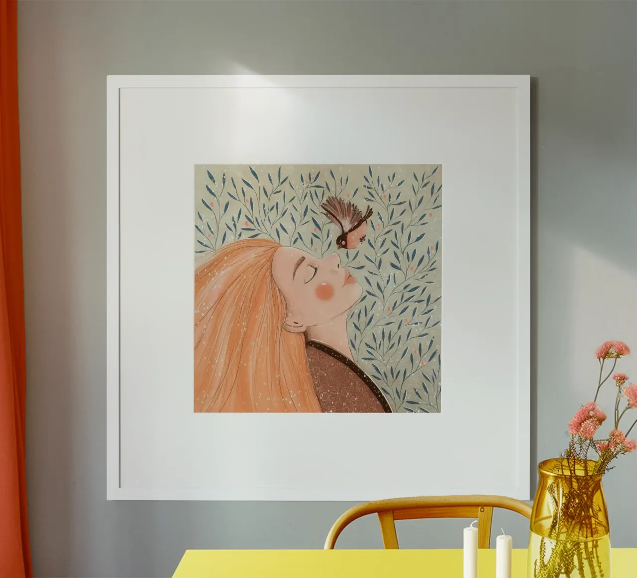 girl chill with bird poster con telaio in legno da huminity