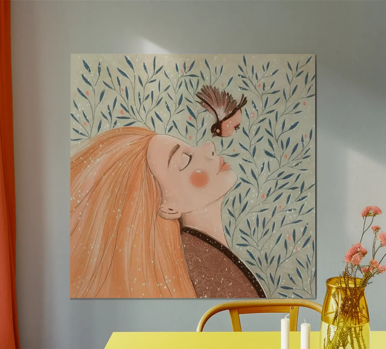 girl chill with bird poster con telaio in legno da huminity