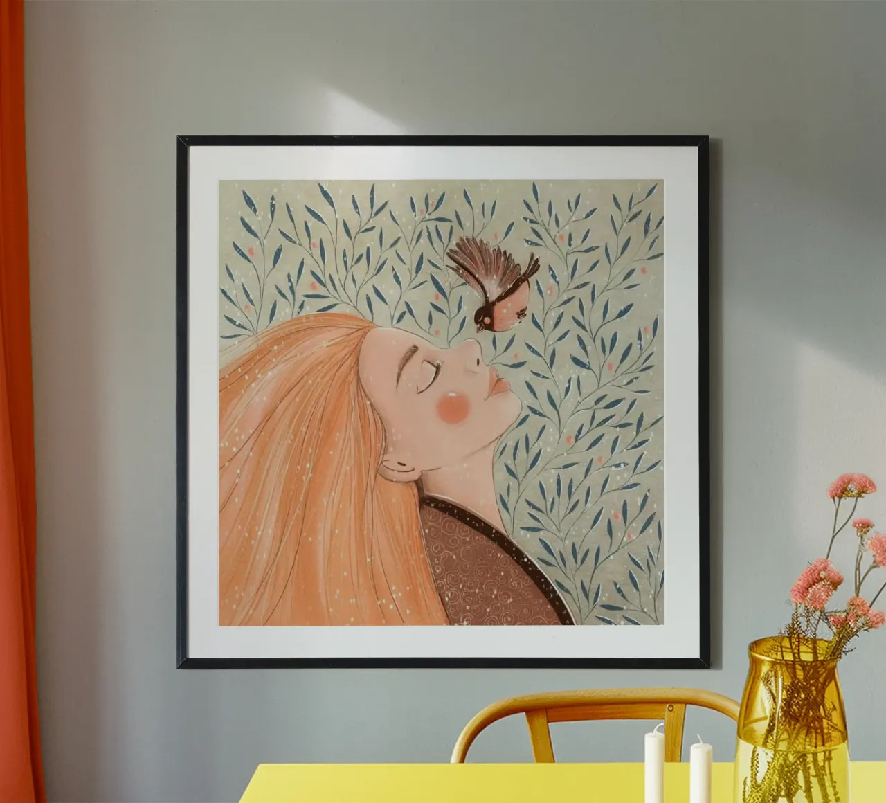 girl chill with bird poster con telaio in legno da huminity