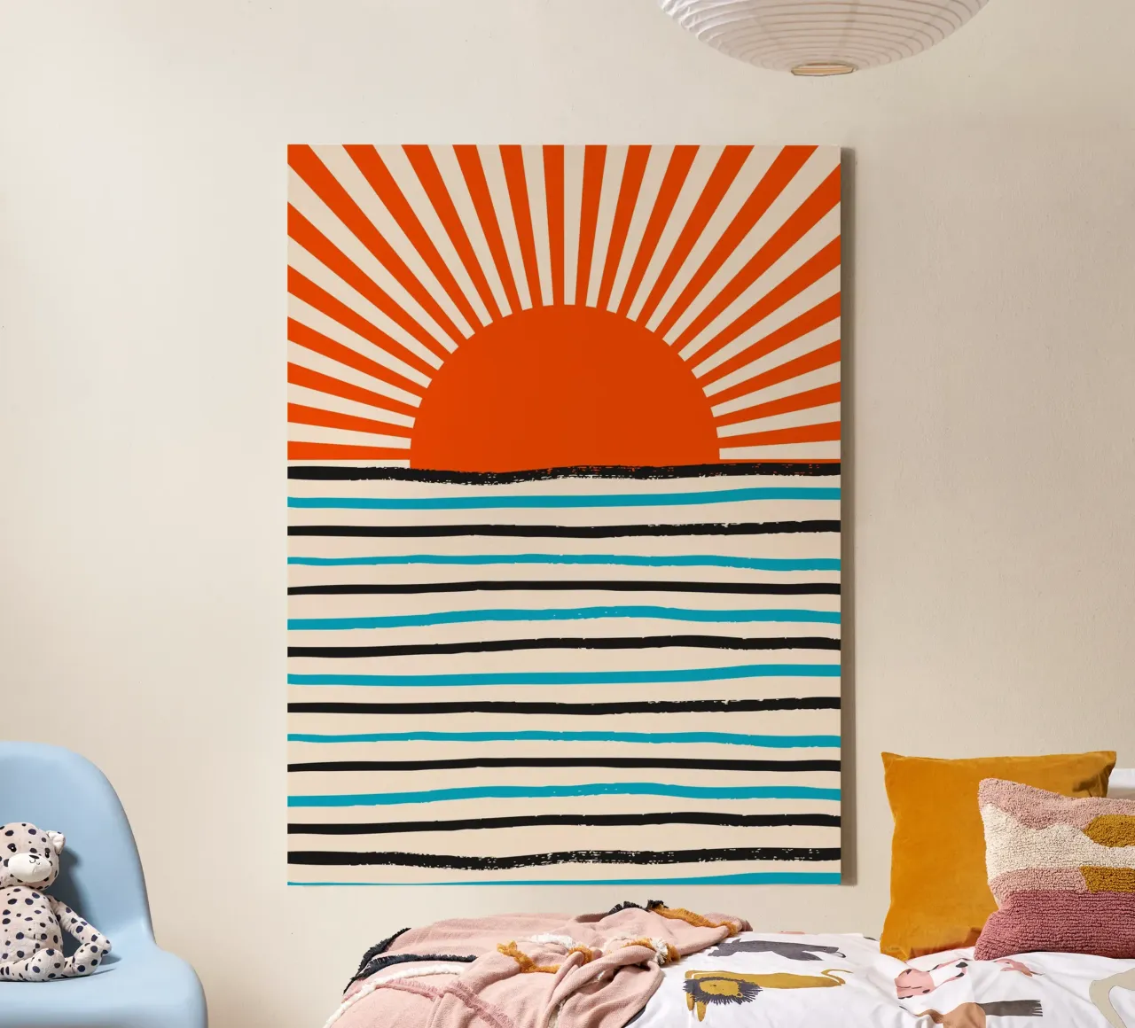Pastellfarbene Sonne Leinwand mit Schattenfugenrahmen von Little Dean