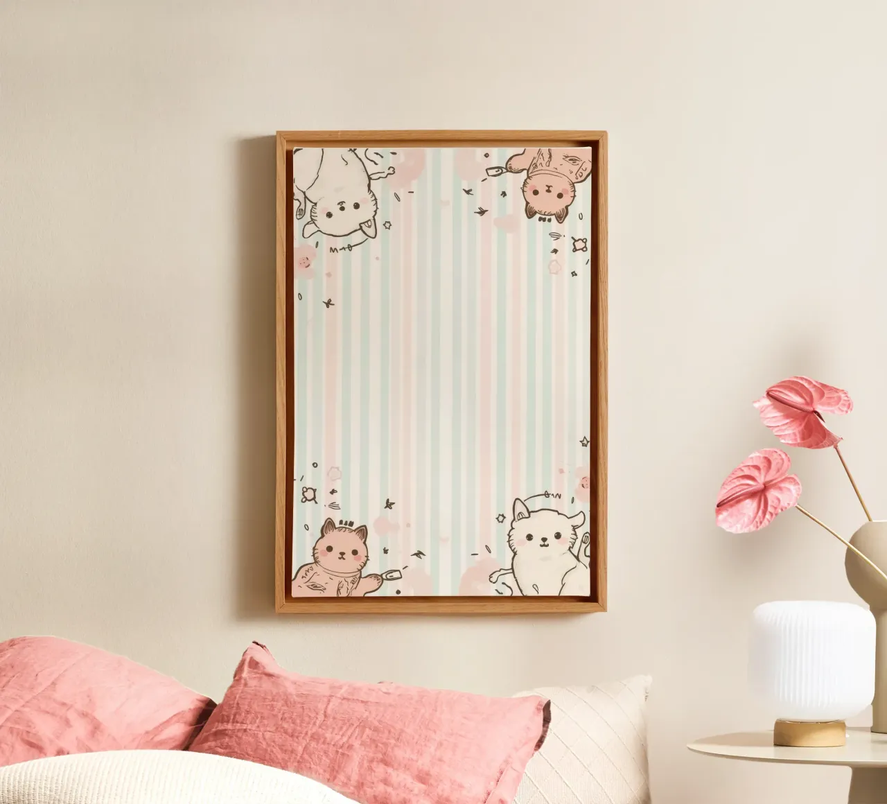 Beeldverhaal Katten op Gestreepte Achtergrond canvas met Baklijst van DesignDoodle