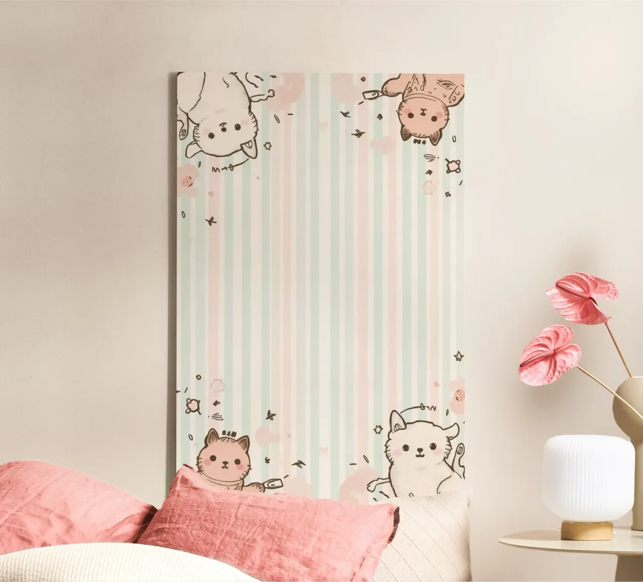 Beeldverhaal Katten op Gestreepte Achtergrond canvas met Baklijst van DesignDoodle