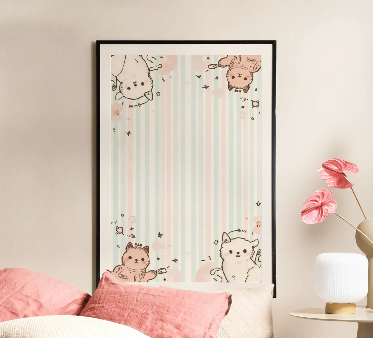 Gatti a cartoni animati su sfondo a righe poster con telaio in alluminio da DesignDoodle